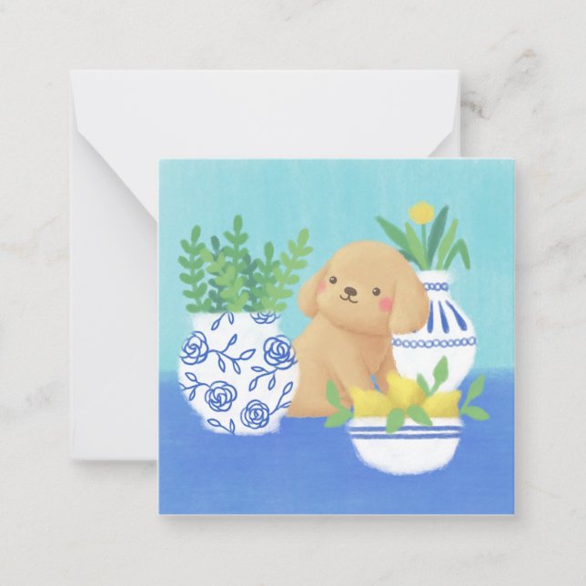 Tarjeta Pequeña Cachorro con plantas, leones y flores (Anverso)