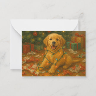 Tarjeta Pequeña Cachorro de Golden Retriever con Luces de Navidad