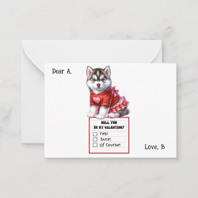 Tarjeta Pequeña Cachorro Husky Personalizable de San Valentín (Anverso)