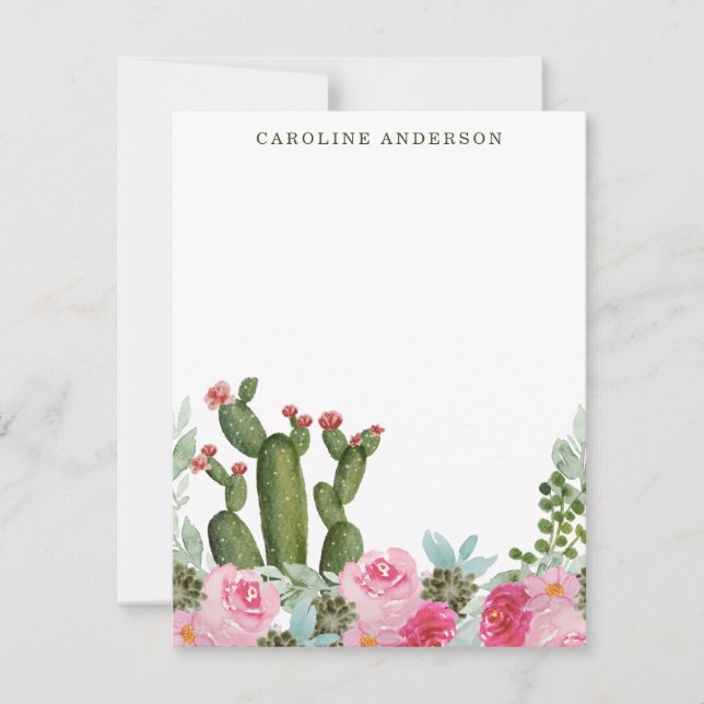 Tarjeta Pequeña Cactus acuarela y flores rosadas personalizadas (Anverso)