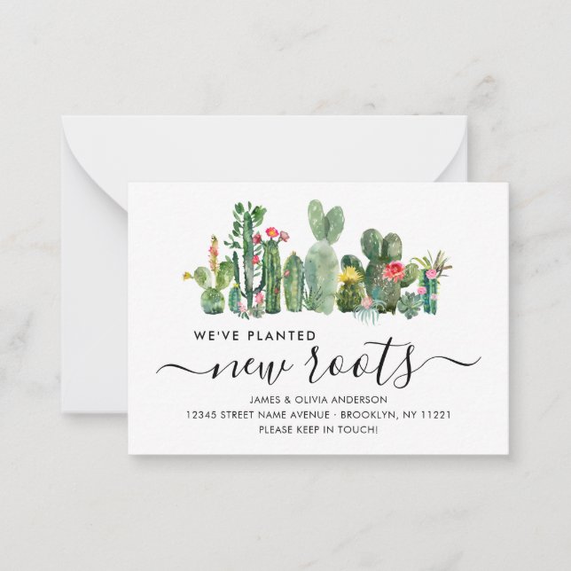 Tarjeta Pequeña Cactus Presupuestario Plantar Nuevas Raíces Trasla (Anverso)