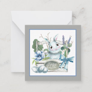 Tarjeta Pequeña Caja de flores de Pascua Conejo azul Bunny feliz