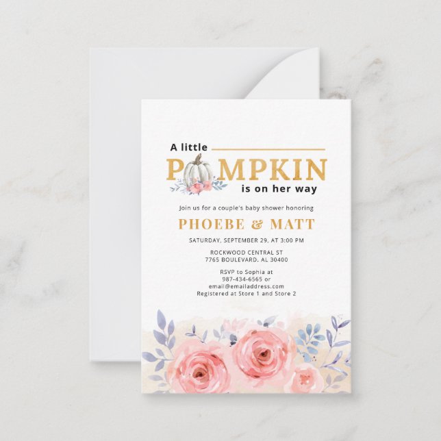 Tarjeta Pequeña Calabaza Baby Shower Watercolor Lilac Rosa Rosa (Anverso)
