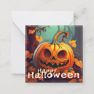Tarjeta Pequeña Calabaza naranja espeluznante con cara, Halloween