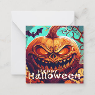 Tarjeta Pequeña Calabaza naranja espeluznante con cara, Halloween