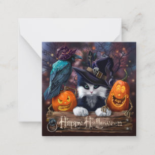 Tarjeta Pequeña Calabazas de gatos, cuervos y halloween