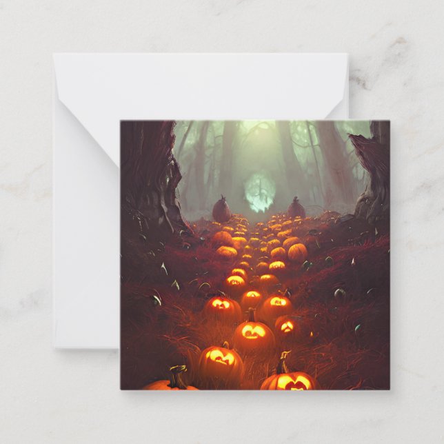 Tarjeta Pequeña Calabazas de Halloween en el embrujado bosque (Anverso)