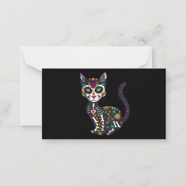Tarjeta Pequeña Calavera Mexicana Gato Día de Muertos Halloween (Anverso)