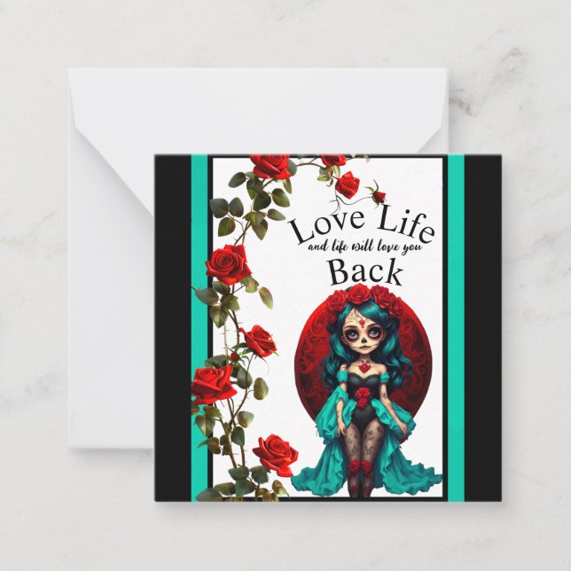 Tarjeta Pequeña Calaveras de Azúcar con Rosas Azules y Rojas (Anverso)