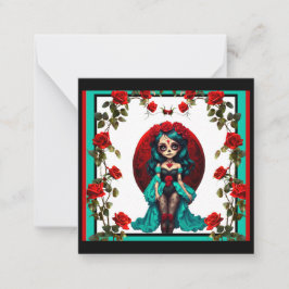 Tarjeta Pequeña Calaveras de Azúcar con Rosas Azules y Rojas