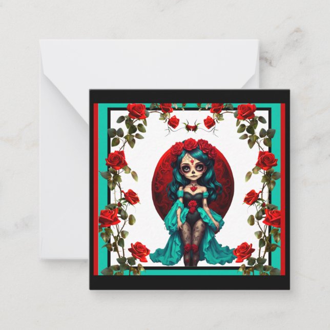 Tarjeta Pequeña Calaveras de Azúcar con Rosas Turquesas y Rojas (Anverso)