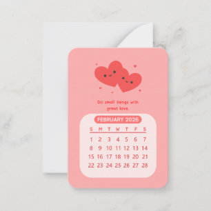 Tarjeta Pequeña Calendario mensual kawaii motivacional de febrero 