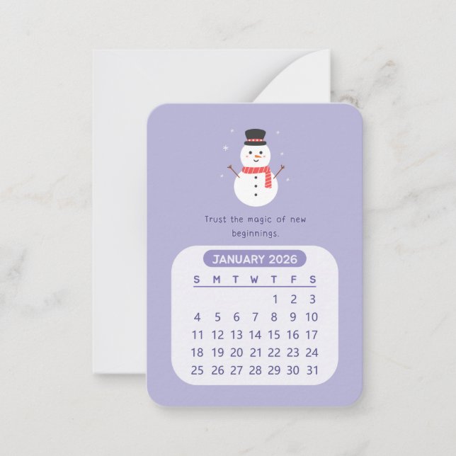 Tarjeta Pequeña Calendario Motivacional Mensual Kawaii de 2026 de  (Anverso)