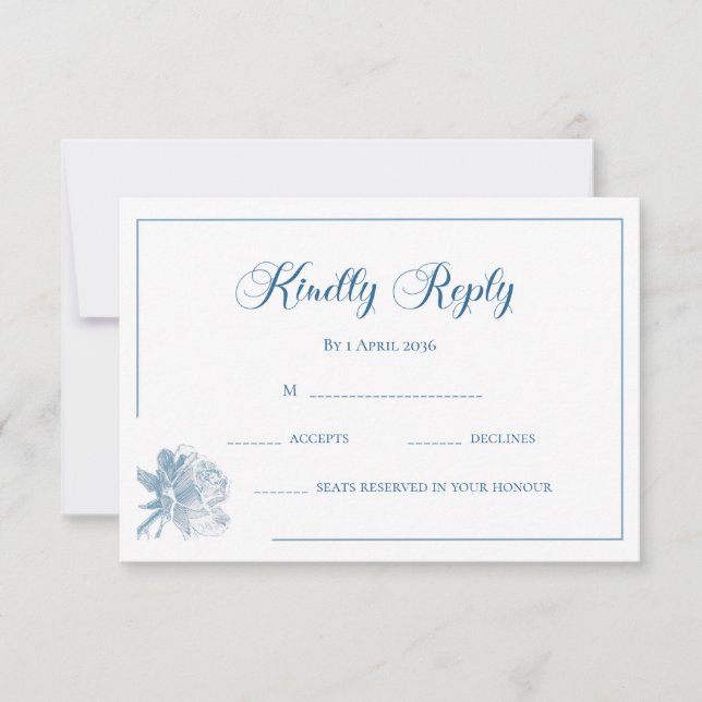 Tarjeta Pequeña Calligraphy White Dusty Blue Floral RSVP Wedding (Anverso)