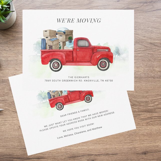 Tarjeta Pequeña Cambiamos la dirección del camión rojo de acuarela (We're Moving Watercolor Red Truck Address Change Note Card)