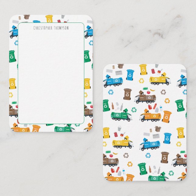 Tarjeta Pequeña Camiones de basura coloridos reciclados para niños (Anverso / Reverso)