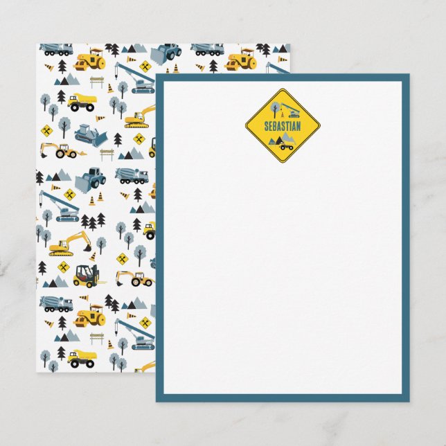 Tarjeta Pequeña Camiones de construcción azules y niños de patrone (Anverso / Reverso)