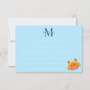 Tarjeta Pequeña Cangrejo de dibujos animados lindo monograma aline