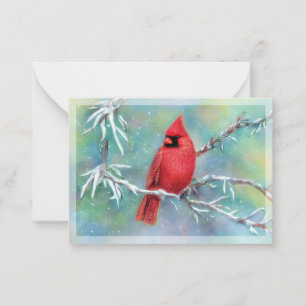 Tarjeta Pequeña Cardenal en rama nevada presupuesto mini Navidad