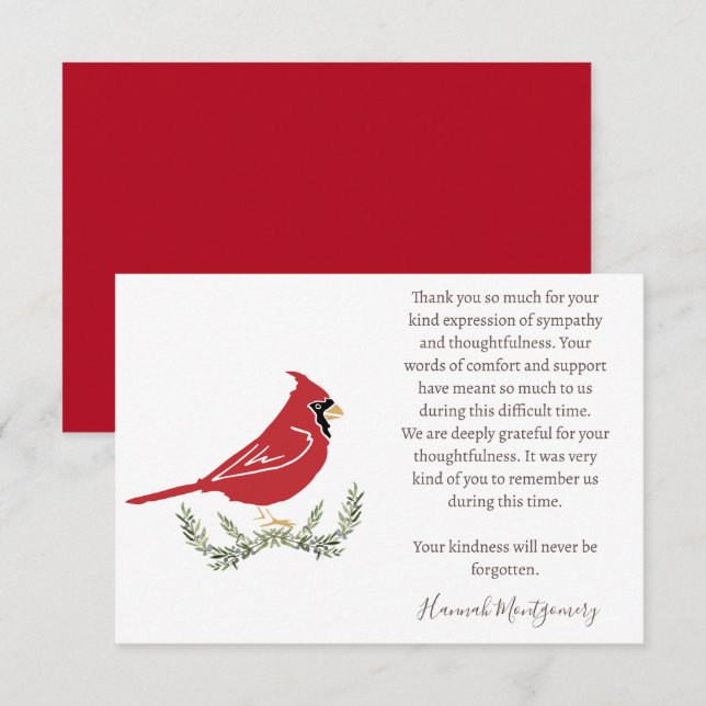 Tarjeta Pequeña Cardenal Funeral Foto Gracias Tarjeta, Compasión (Anverso / Reverso)