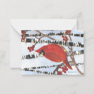 TARJETA PEQUEÑA CARDENAL ROJO EN ABEDULES BLANCOS CON BAYAS