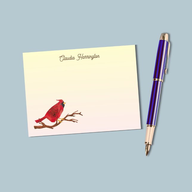 Tarjeta Pequeña Cardinal del Norte Rojo Retro Elegante Ilustrado a (On this cardinal note card, my original art of the beloved red bird appears against a soft gradient.)