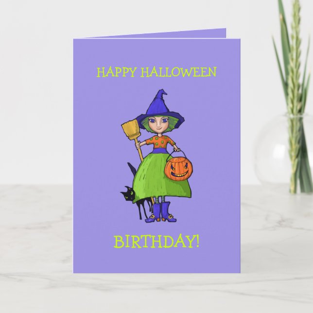 Tarjeta Pequeña carta de cumpleaños de Halloween púrpura d (Anverso)