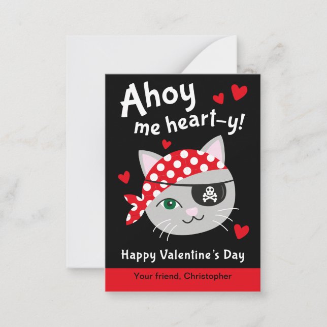 Tarjeta Pequeña Cartas de San Valentín de gato pirata para niños (Anverso)