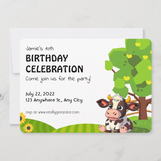 Tarjeta Pequeña Cartoon Lola cow birthday invitation for kids. (Anverso)