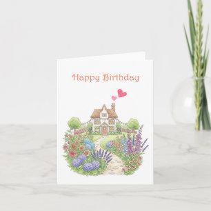 Tarjeta Pequeña casa con flores Cumpleaños