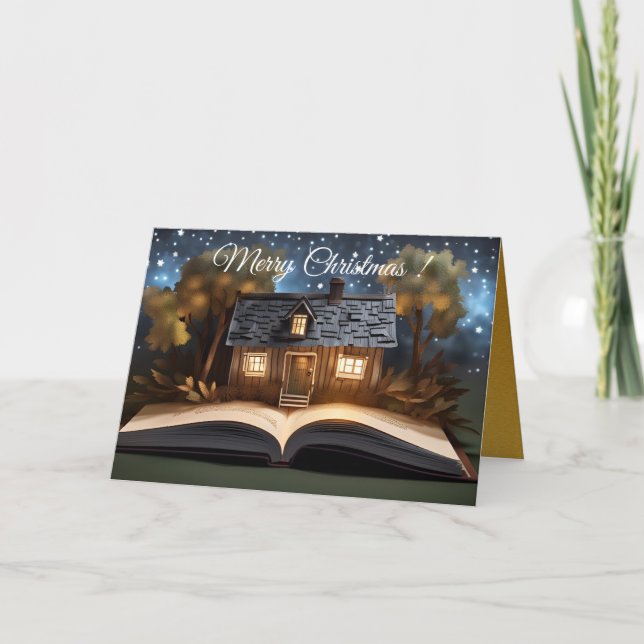 Tarjeta Pequeña casa con Navidades de libros de cuentos de (Anverso)