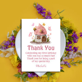 Tarjeta Pequeña casa de hadas gracias chica cumpleaños rosa