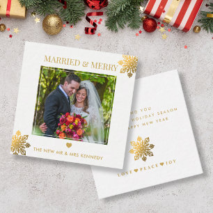 Tarjeta Pequeña Casados Felices Foto Nieve Dorada Navidad Mini