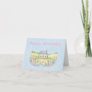 Tarjeta Pequeña casita de campo en cumpleaños de flores