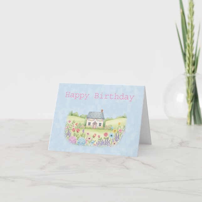 Tarjeta Pequeña casita de campo en cumpleaños de flores (Anverso)