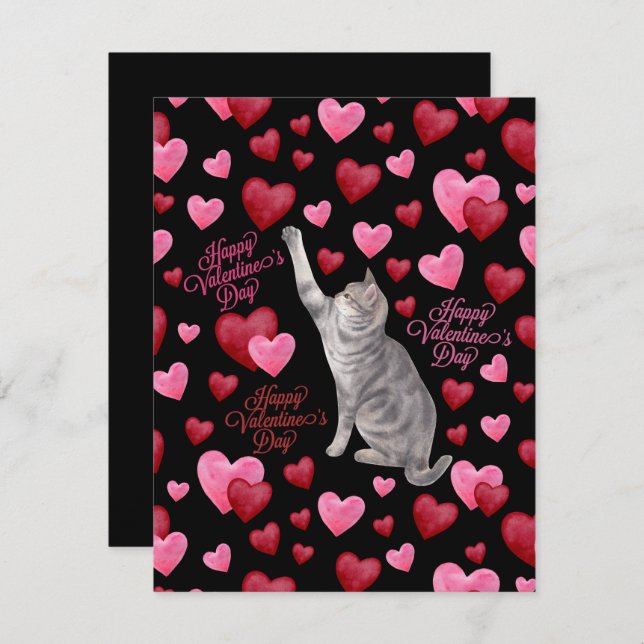 Tarjeta Pequeña Cat Hearts Valentine’s Day Card in Black (Anverso / Reverso)