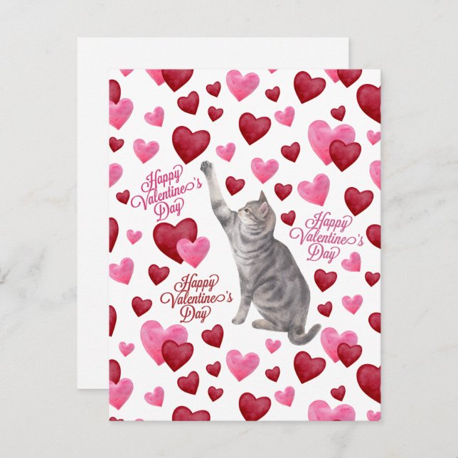 Tarjeta Pequeña Cat Hearts Valentine’s Day Card in White (Anverso / Reverso)