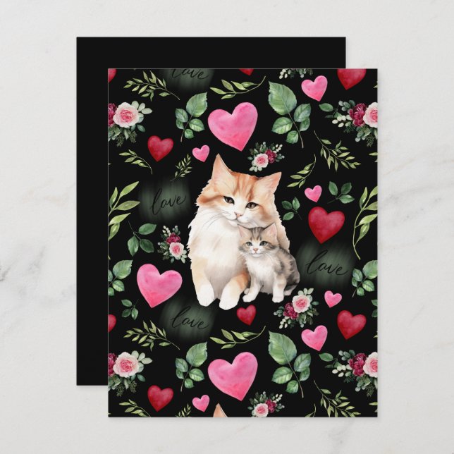 Tarjeta Pequeña Cat Love Valentine’s Day Card in Black (Anverso / Reverso)