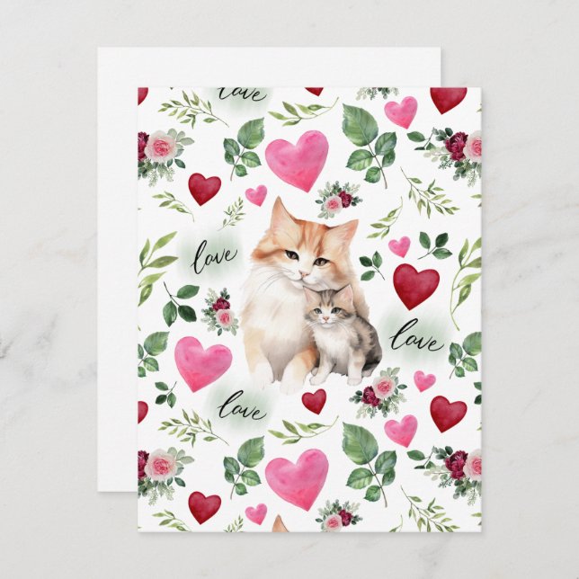 Tarjeta Pequeña Cat Love Valentine’s Day Card in White (Anverso / Reverso)
