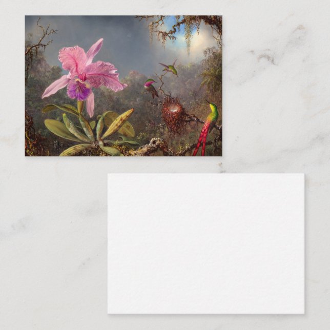 Tarjeta Pequeña Cattleya Orchid y tres Hummingbirds por Heade (Anverso / Reverso)