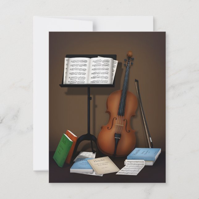 Tarjeta Pequeña Cello en medio de libros musicales y música clásic (Anverso)