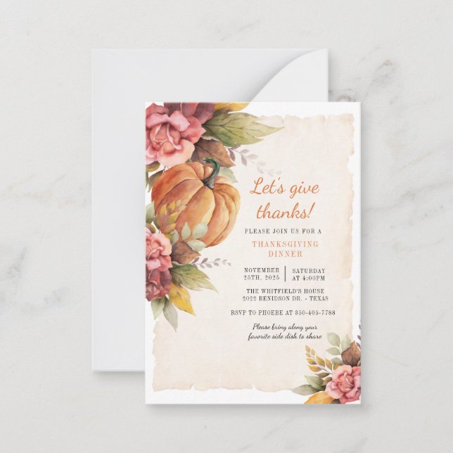 Tarjeta Pequeña Cena de Acción de Gracias de Calabaza Rústica (Anverso)