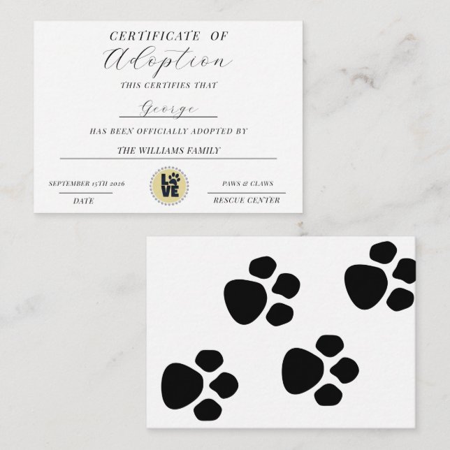 Tarjeta Pequeña Certificado De Adopción (Anverso / Reverso)