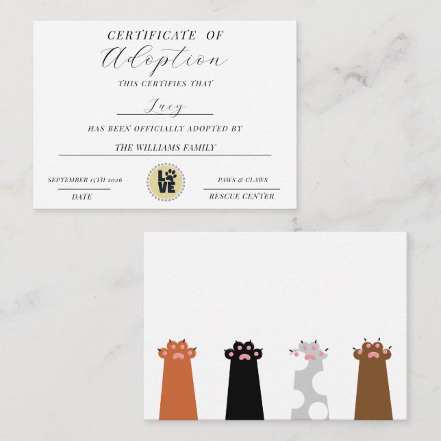 Tarjeta Pequeña Certificado De Adopción (Anverso / Reverso)