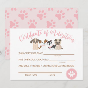 Tarjeta Pequeña Certificado de adopción de cumpleaños de un cachor