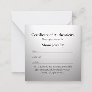 Tarjeta Pequeña Certificado de autenticidad para plata joyera