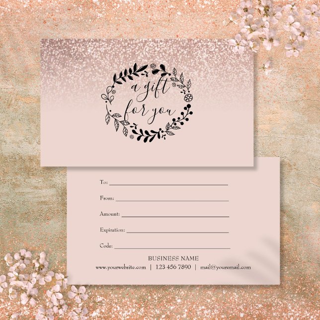 Tarjeta Pequeña Certificado de regalo para empresas Rosa Purpurina (Rose Gold Glitter Business Gift Certificate Note Card)