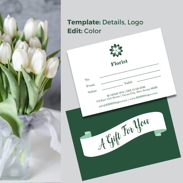 Tarjeta Pequeña Certificado de regalo verde y blanco 💝 (💝Florist Green & White Gift Certificate Note Card, A Gift For You)