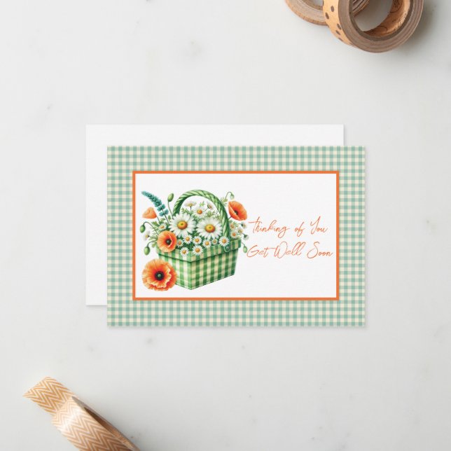 Tarjeta Pequeña Cesta de flores verde Gingham (Anverso/Reverso In Situ)