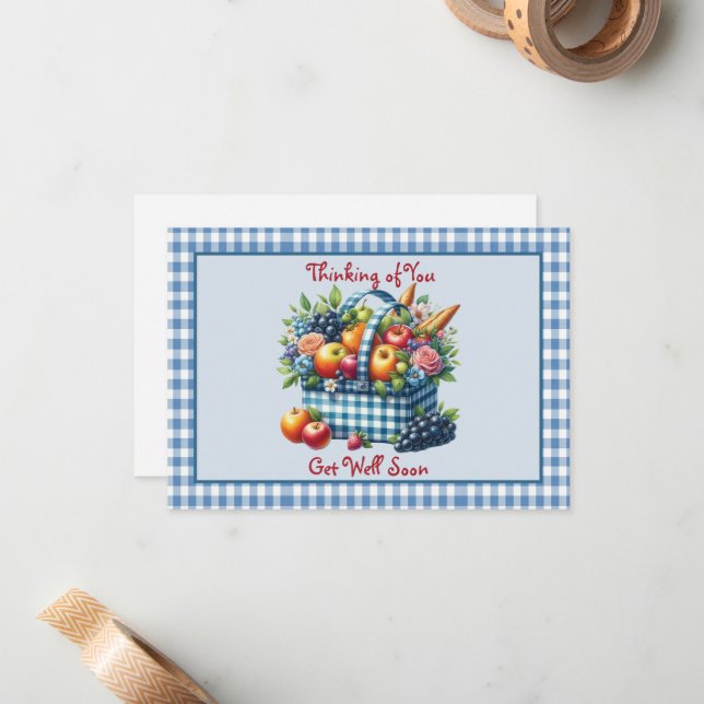 Tarjeta Pequeña Cesta de fruta azul Gingham (Anverso/Reverso In Situ)
